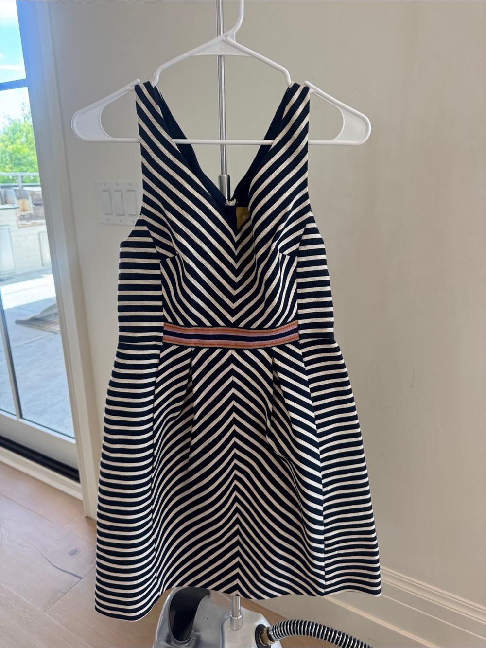 Maeve navy and White Chevron Fit-and-Flare Dress with Color-Block Waistband